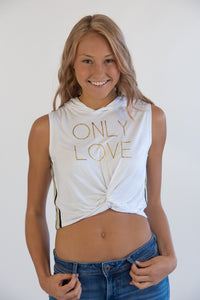 Only Love White Crop Knotted Sleeveless Hoodie