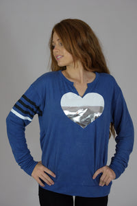 Vintage Washed Blue V-Cut Silver Heart and Printed Stripes Sweatshirt