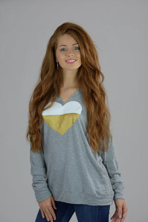 Heather Grey V-Cut Gold Heart and Printed Stripes Sweatshirt