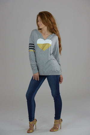 Heather Grey V-Cut Gold Heart and Printed Stripes Sweatshirt
