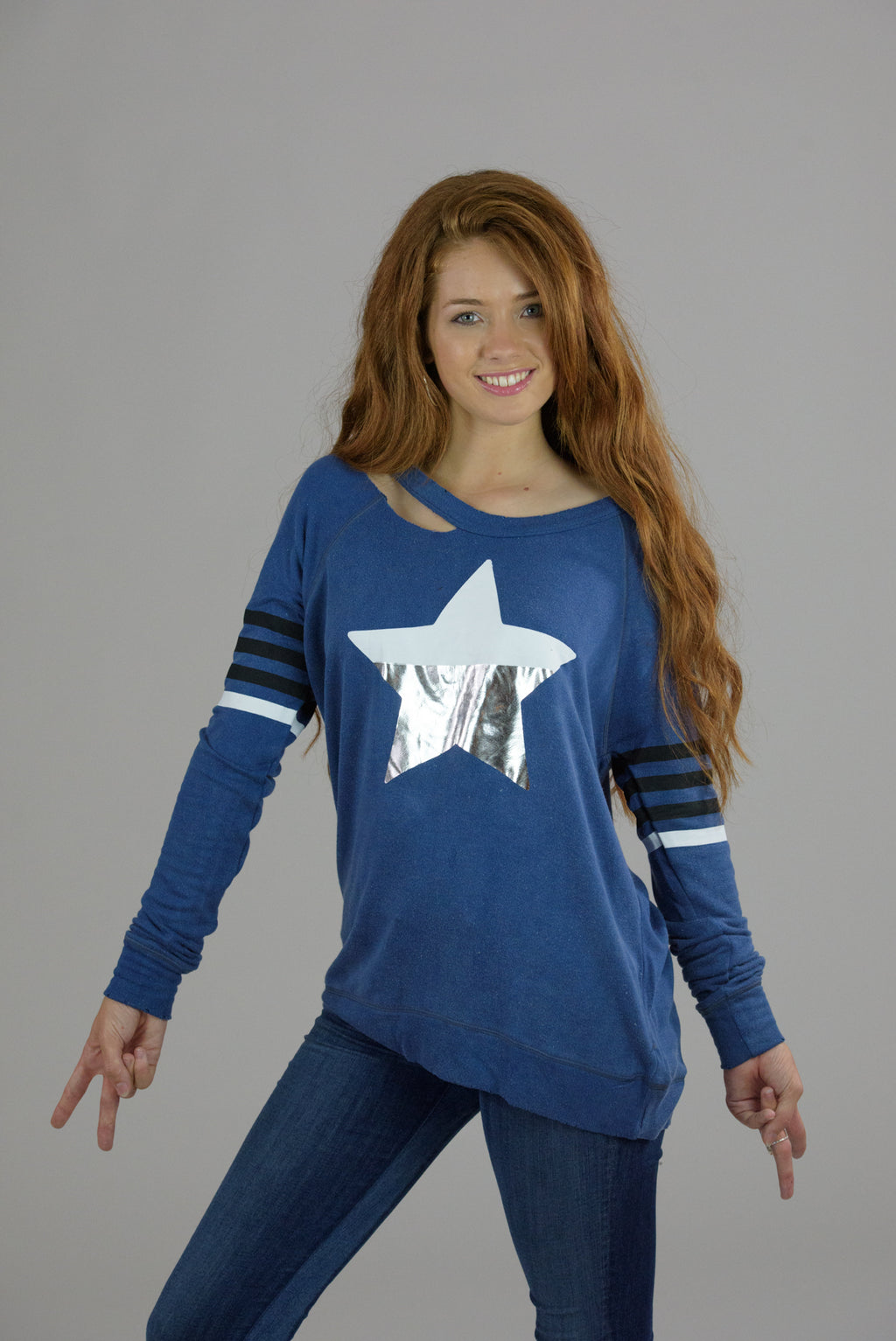 Vintage Washed Blue Distressed Silver Star and Printed Stripes Sweatshirt
