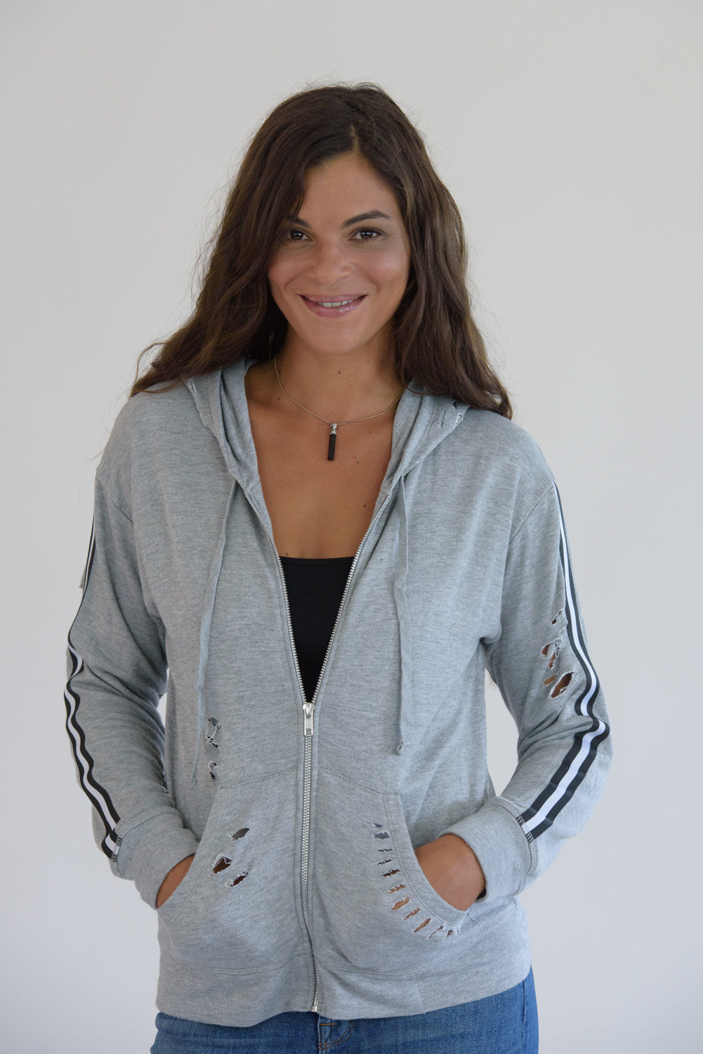 Heather Grey Distressed Black and White Taping Jacket
