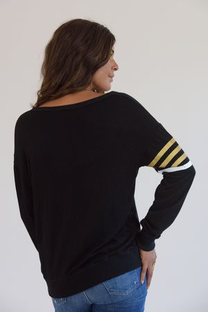 Black V-Cut Gold Heart and Printed Stripes Sweatshirt