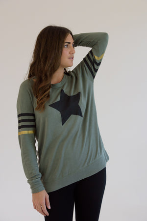 Army Distressed Black Star and Printed Stripes Sweatshirt
