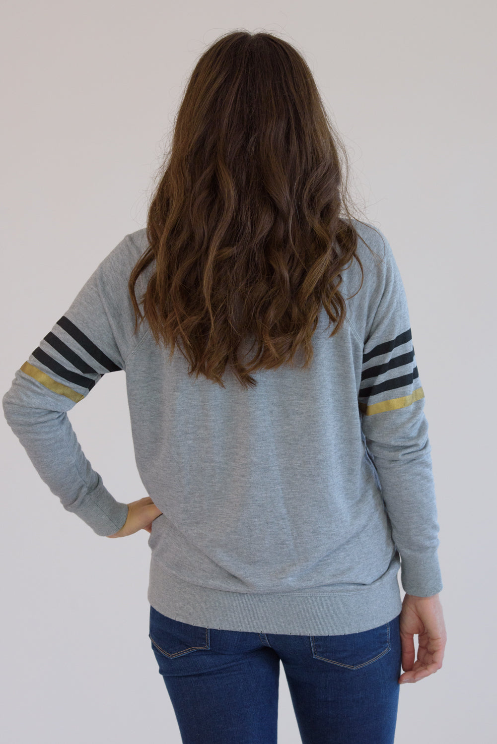 Heather Grey Distressed Black Star and Printed Stripes Sweatshirt