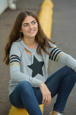 Heather Grey Distressed Black Star and Printed Stripes Sweatshirt
